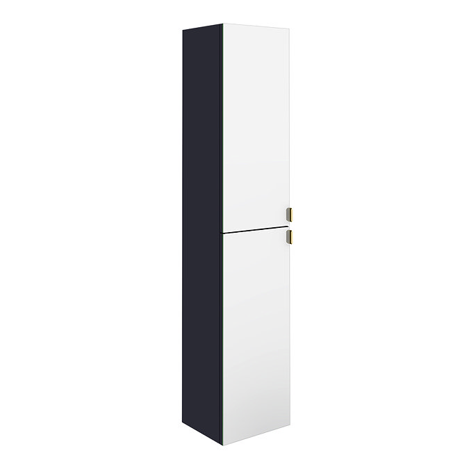 Arezzo Matt Blue Mirrored Wall Hung Tall Storage Cabinet with Brushed Brass Handles Large Image