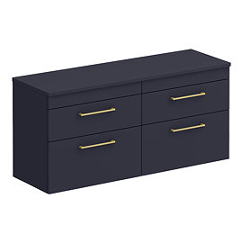 Arezzo Matt Blue Wall Hung 4 Drawer Double Countertop Vanity Unit (1200mm w. Brushed Brass Handles) 