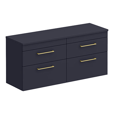 Arezzo Matt Blue Wall Hung 4 Drawer Double Countertop Vanity Unit (1200mm w. Brushed Brass Handles)  Profile Large Image