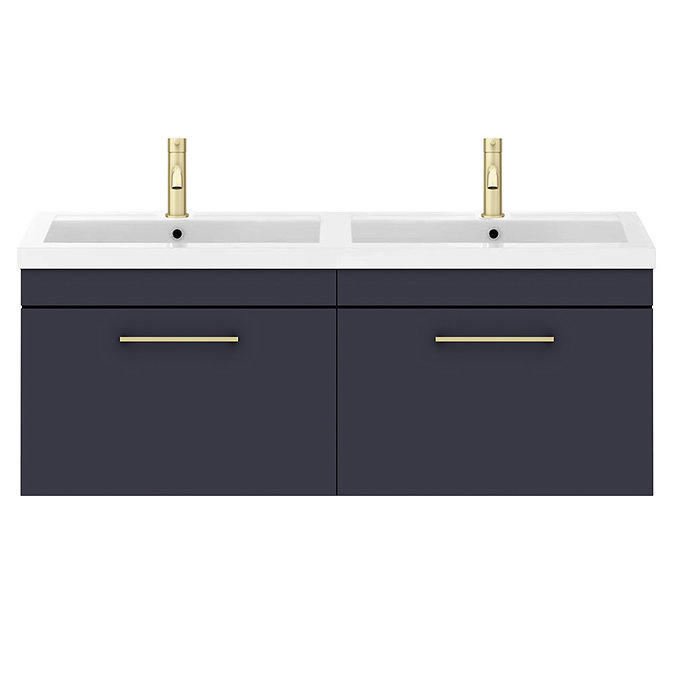 Arezzo Matt Blue Wall Hung Double Basin Vanity Unit (1205mm w. Brushed Brass Handles)  Feature Large Image