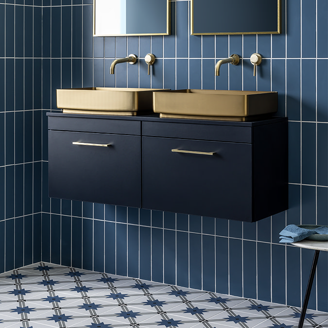 Arezzo Matt Blue Wall Hung Double Countertop Vanity Unit (1200mm w. Brushed Brass Handles)