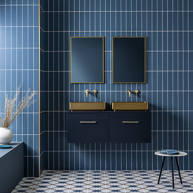 Arezzo Matt Blue Wall Hung Double Countertop Vanity Unit incl. 2 Basins (1200mm w. Brushed Brass Handles)