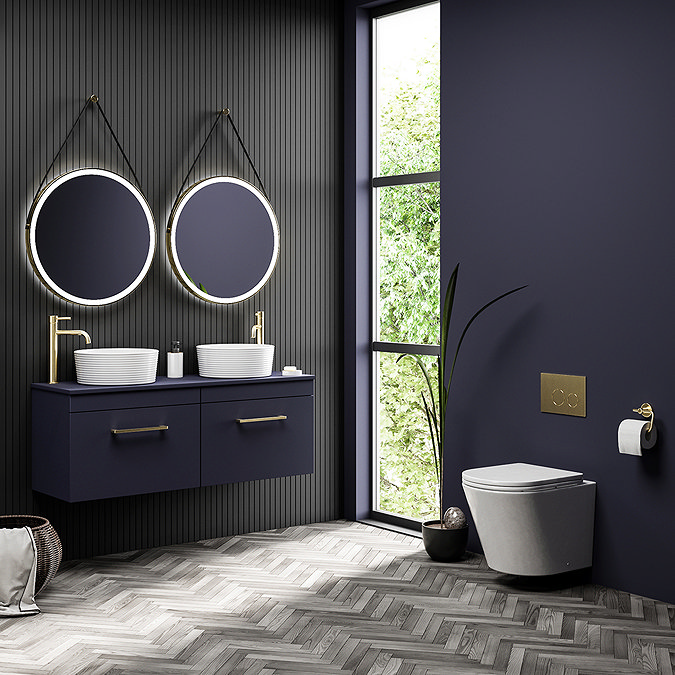Arezzo Matt Blue Wall Hung Double Countertop Vanity Unit (1200mm w. Brushed Brass Handles) Feature
