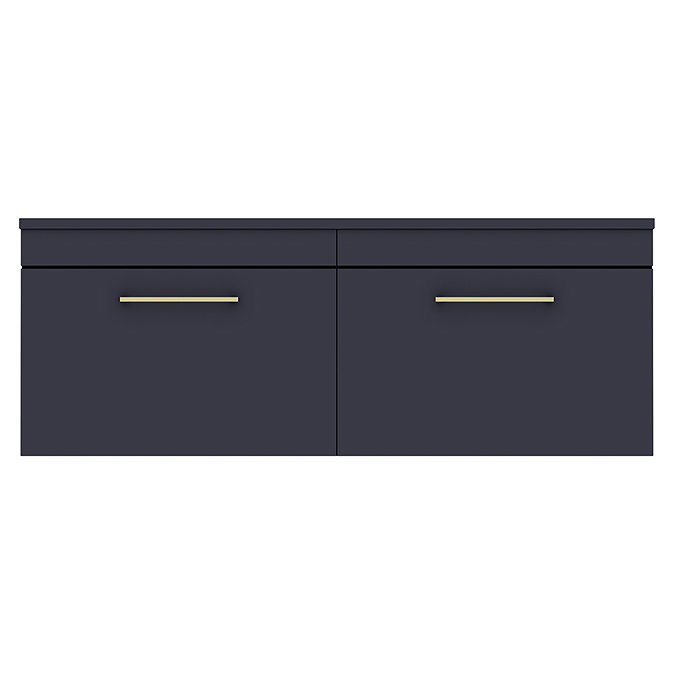 Arezzo Matt Blue Wall Hung Double Countertop Vanity Unit incl. 2 Basins (1200mm w. Brushed Brass Han