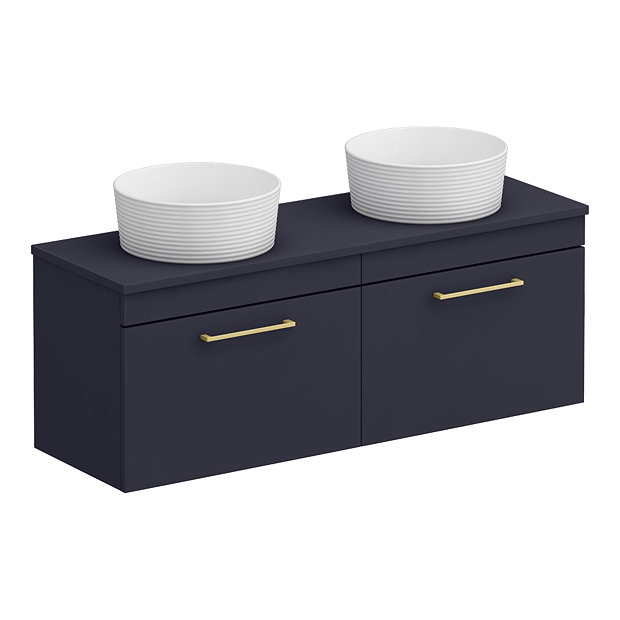 Arezzo Matt Blue Wall Hung Double Countertop Vanity Unit incl. 2 Basins (1200mm w. Brushed Brass Handles)  In Bathroom Large Image