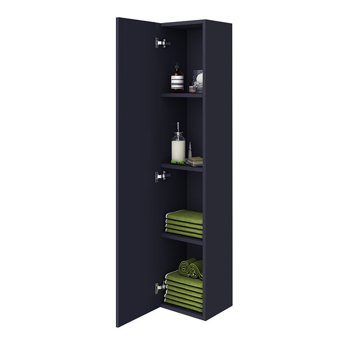 Arezzo Matt Blue Wall Hung Tall Storage Cabinet with Brushed Brass Handle  Standard Large Image