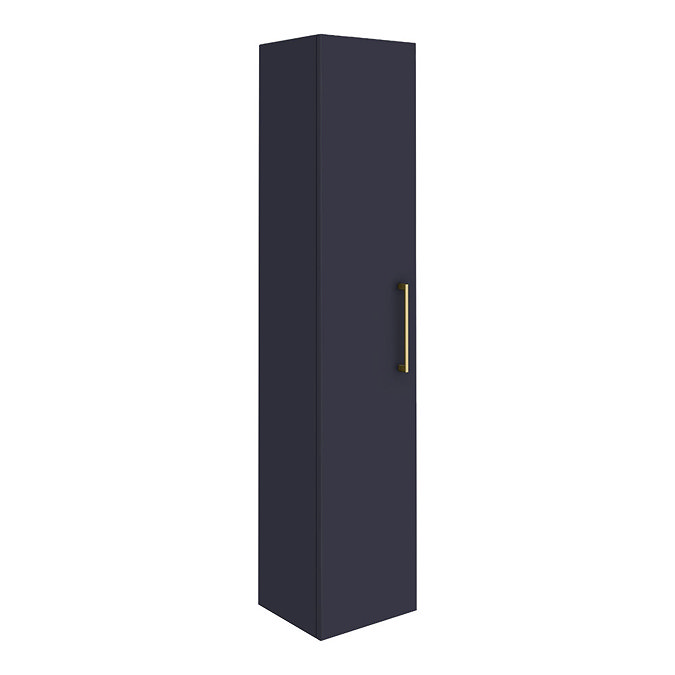 Arezzo Matt Blue Wall Hung Tall Storage Cabinet with Brushed Brass Handle Large Image