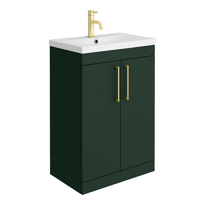 Arezzo Matt Dark Green Floor Standing Vanity Unit, Tall Cabinet + Toilet Pack with Brushed Brass Handles