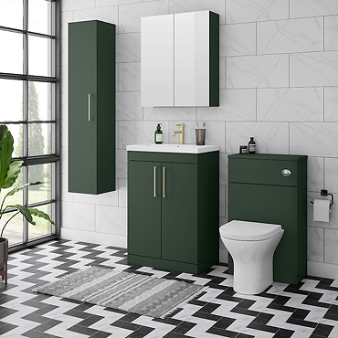 Arezzo Matt Dark Green Floor Standing Vanity Unit, Tall Cabinet + Toilet Pack with Brushed Brass Handles