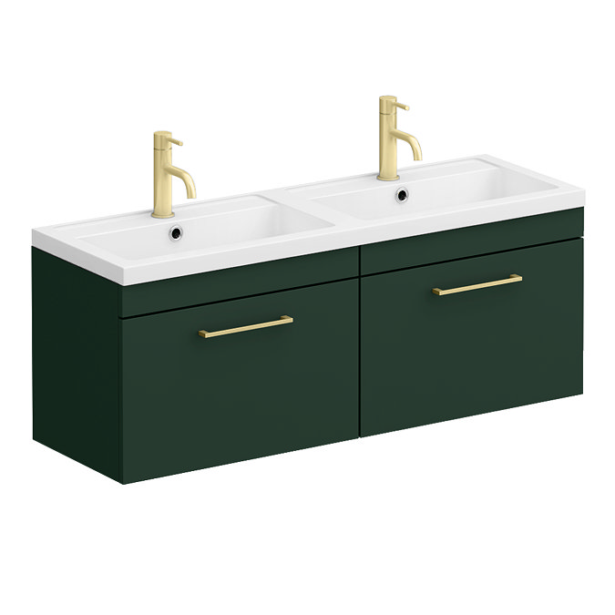 Arezzo Matt Dark Green Wall Hung Double Basin Vanity Unit (1205mm w. Brushed Brass Handles)