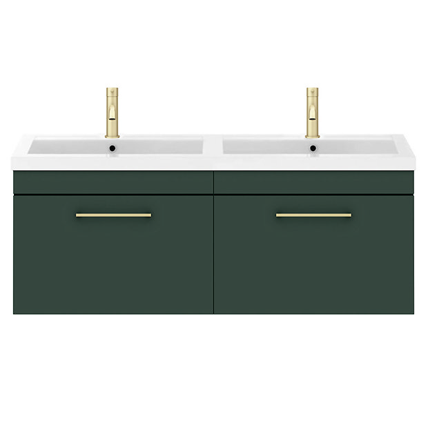 Arezzo Matt Dark Green Wall Hung Double Basin Vanity Unit (1205mm w. Brushed Brass Handles)