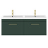 Arezzo Matt Dark Green Wall Hung Double Basin Vanity Unit (1205mm w. Brushed Brass Handles)