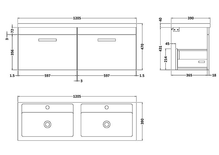 Arezzo Matt Dark Green Wall Hung Double Basin Vanity Unit (1205mm w. Brushed Brass Handles)