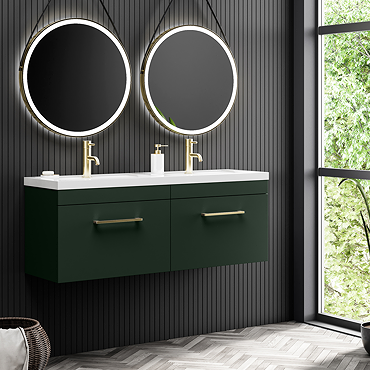 Arezzo Matt Dark Green Wall Hung Double Basin Vanity Unit (1205mm w. Brushed Brass Handles)