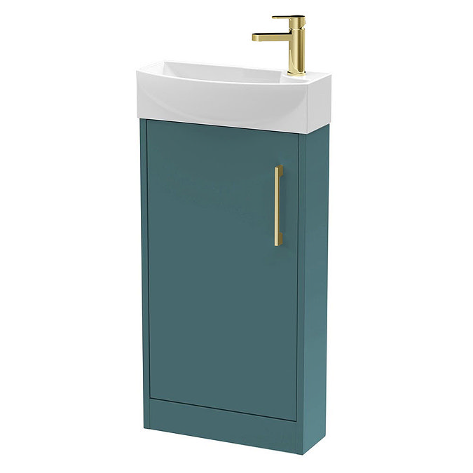 Arezzo Matt Green 450mm 1TH Floor Standing Cloakroom Vanity Unit With Brushed Brass Handle Large Ima