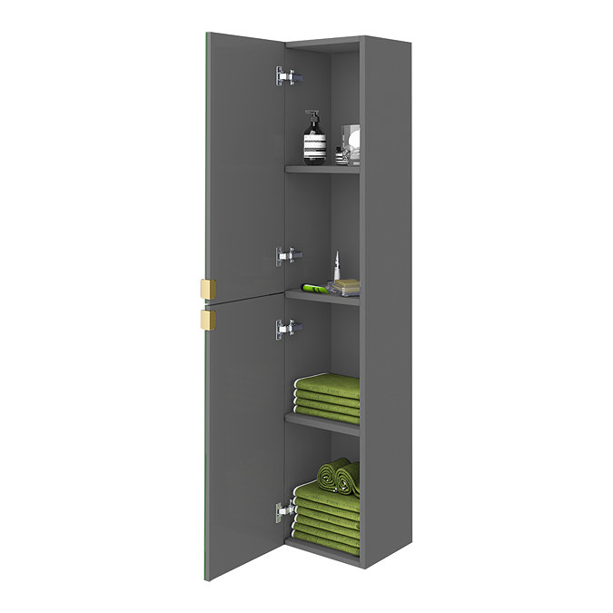 Arezzo Matt Grey Mirrored Wall Hung Tall Storage Cabinet with Brushed Brass Handles  Feature Large Image