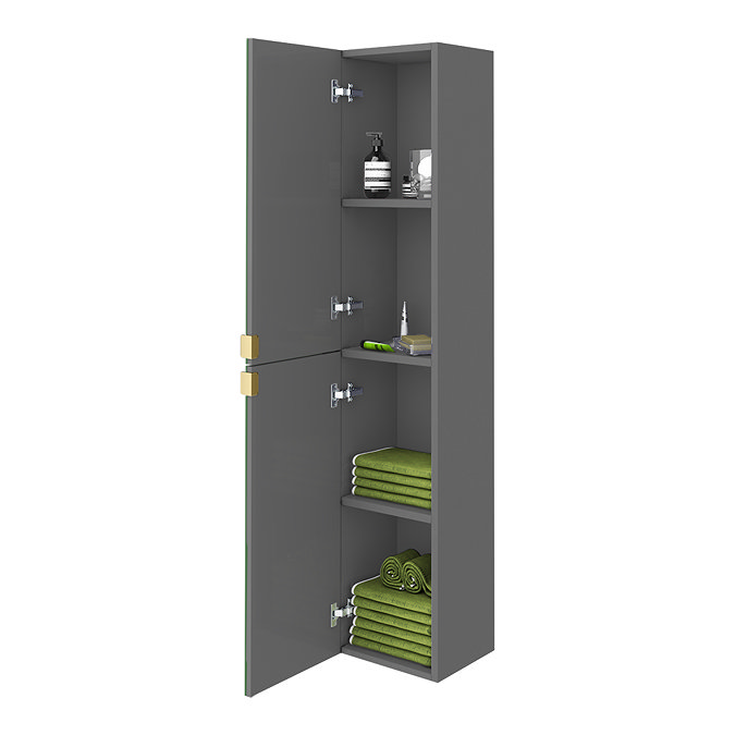 Arezzo Matt Grey Mirrored Wall Hung Tall Storage Cabinet with Brushed Brass Handles Feature Large Image