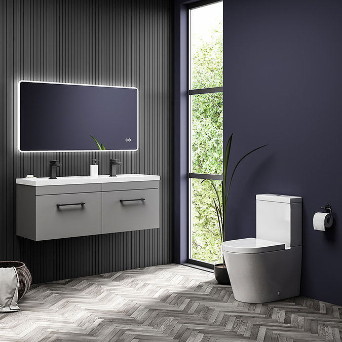 Arezzo Matt Grey Wall Hung Double Basin Vanity Unit (1205mm w. Matt Black Handles)  In Bathroom Larg