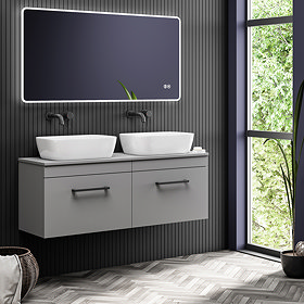 Arezzo Matt Grey Wall Hung Double Countertop Vanity Unit incl. 2 Basins (1200mm w. Matt Black Handle