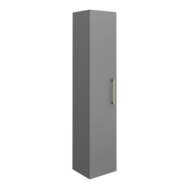 Arezzo Matt Grey Wall Hung Tall Storage Cabinet with Brushed Brass Handle Large Image