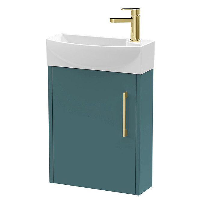  Arezzo Matt Teal Green 450mm 1TH Wall Hung Cloakroom Vanity Unit with Brushed Brass Handle  Large I