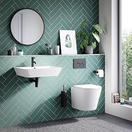 Arezzo Matt White Complete Wall Hung Toilet & 600mm Basin Set – Matt Black Flush