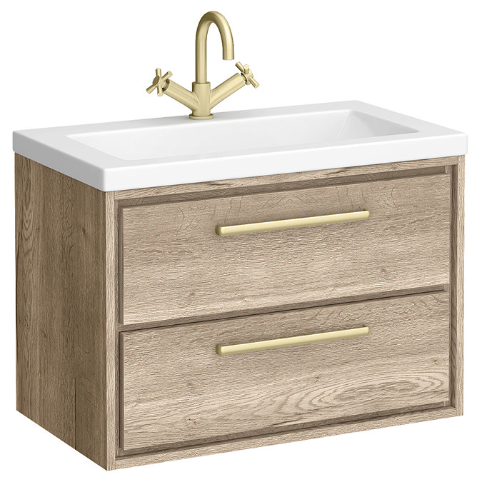 Arezzo Moda 800mm Rustic Oak Wall Hung 2 Drawer Vanity Unit with Brushed Brass Handles