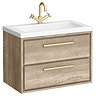 Arezzo Moda 800mm Rustic Oak Wall Hung 2 Drawer Vanity Unit with Brushed Brass Handles