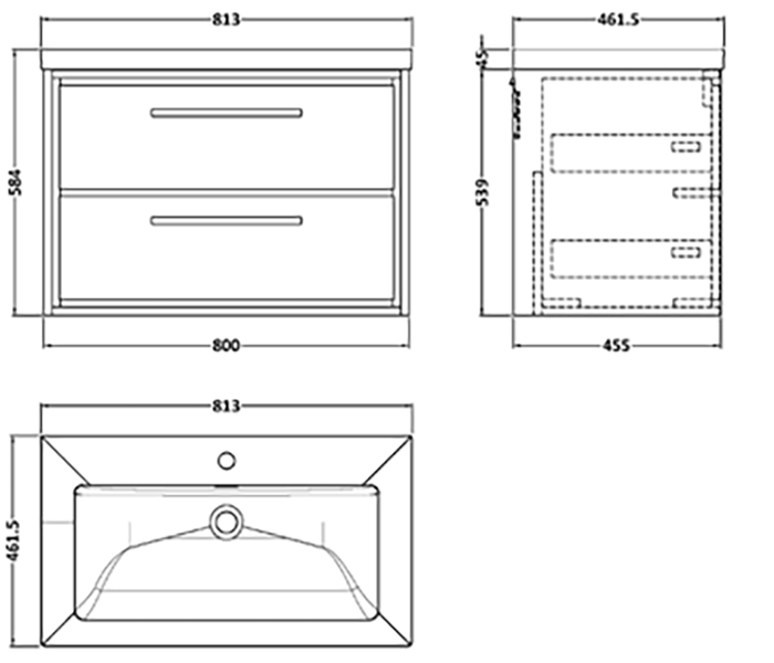 Arezzo Moda 800mm Rustic Oak Wall Hung 2 Drawer Vanity Unit with Brushed Brass Handles