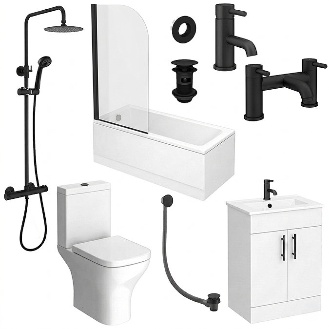 Arezzo Modern Matt Black Complete Bathroom Suite with Vanity, Bath, & Curved Screen