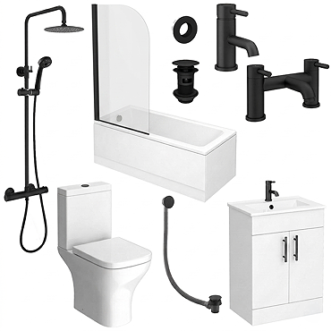 Arezzo Modern Matt Black Complete Bathroom Suite with Vanity, Bath, & Curved Screen
