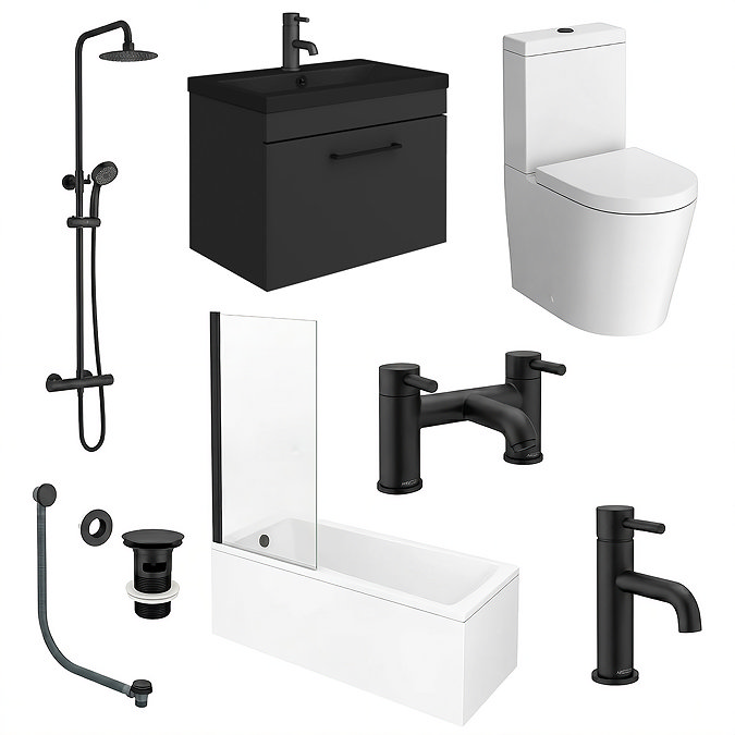 Arezzo Modern Matt Black Complete Shower Bath Suite with Vanity Unit & Toilet