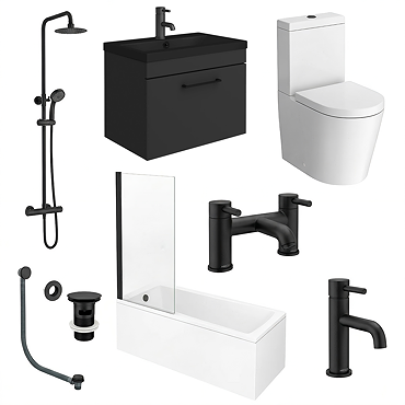 Arezzo Modern Matt Black Complete Shower Bath Suite with Vanity Unit & Toilet