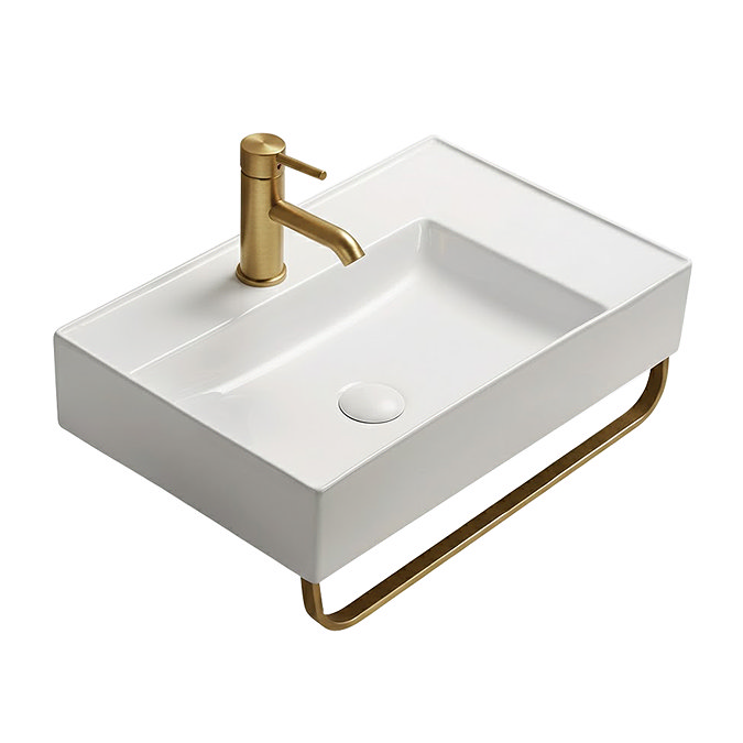 Arezzo Modern Wall Hung Basin 1TH - 610 x 380mm with Brushed Brass Towel Rail