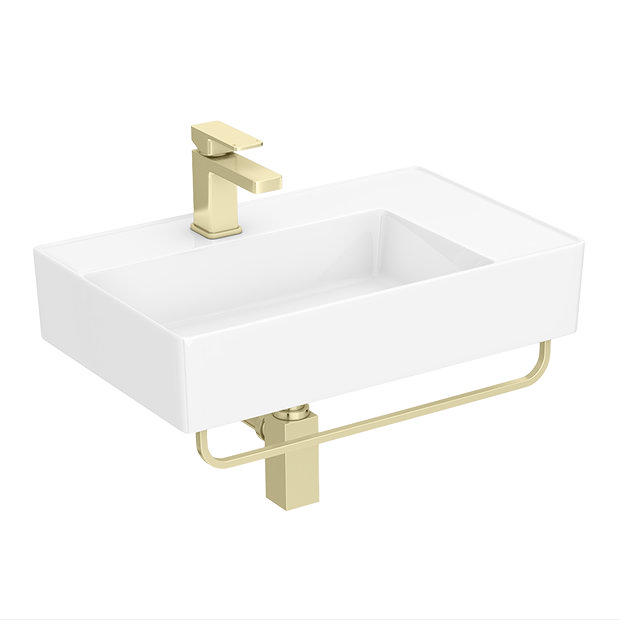 Arezzo Modern Wall Hung Basin 1TH - 610 x 380mm with Brushed Brass Towel Rail