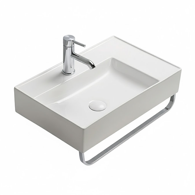 Arezzo Modern Wall Hung Basin 1TH - 610 x 380mm with Chrome Towel Rail