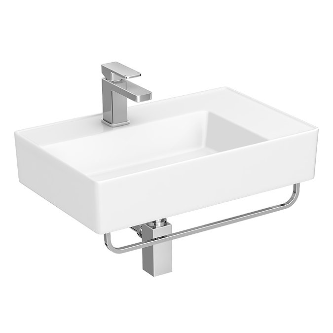 Arezzo Modern Wall Hung Basin 1TH - 610 x 380mm with Chrome Towel Rail