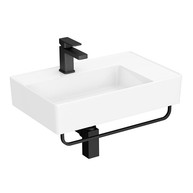 Arezzo Modern Wall Hung Basin 1TH - 610 x 380mm with Matt Black Towel Rail