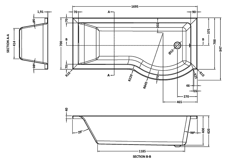 Arezzo 1700mm P-Shaped Shower Bath with Screen & Front Panel - Matt Black