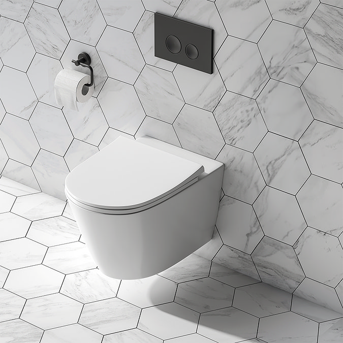 Arezzo Rimless Wall Hung Toilet (incl. Slim Soft Close Seat with Matt Black Hinges)