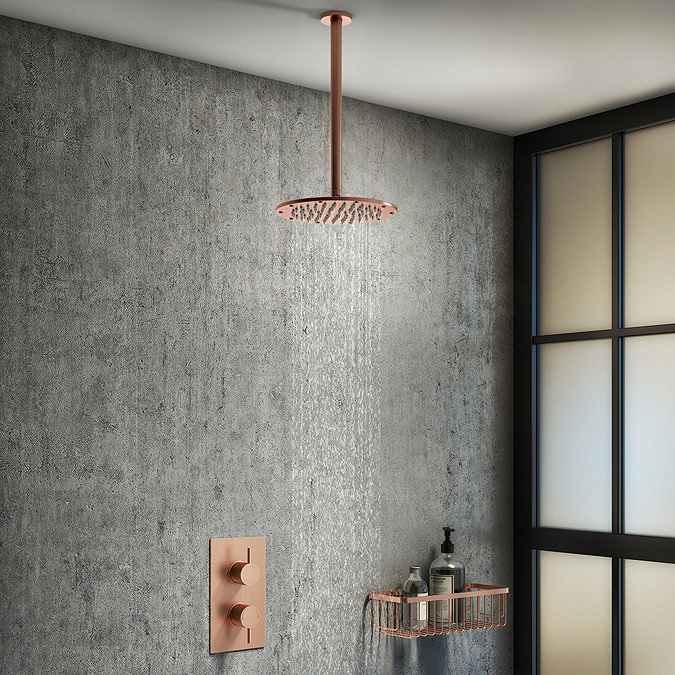 Arezzo Rose Gold 195mm Thin Round Shower Head + 300mm Ceiling Mounted Arm  Feature Large Image