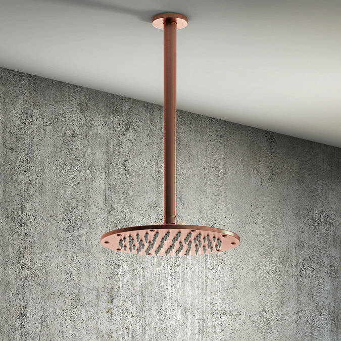 Arezzo Rose Gold 195mm Thin Round Shower Head + 300mm Ceiling Mounted Arm Large Image