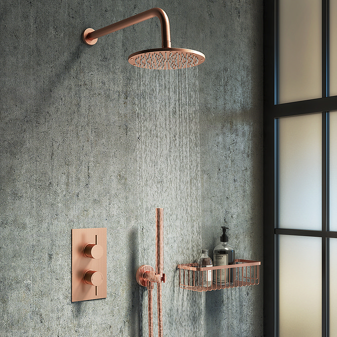 Arezzo Rose Gold Round Shower System with Twin Valve with Diverter, Wall Mounted Head + Handset Larg