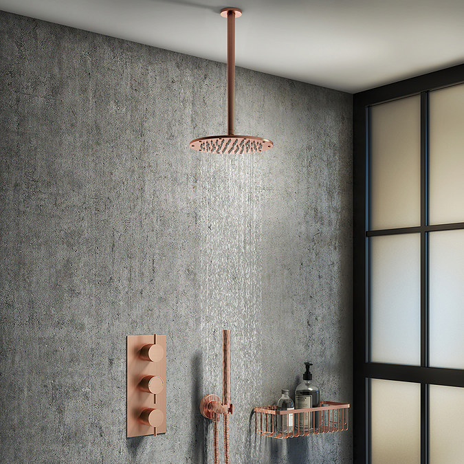 Arezzo Rose Gold Round Thermostatic Shower Pack with Ceiling Mounted Head + Handset Large Image