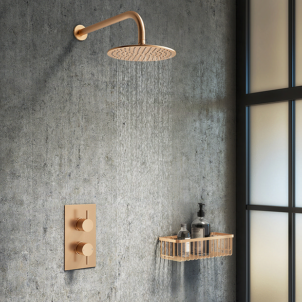 Arezzo Round 200mm Brushed Bronze Fixed Shower Head + Wall Mounted Arm  Feature Large Image