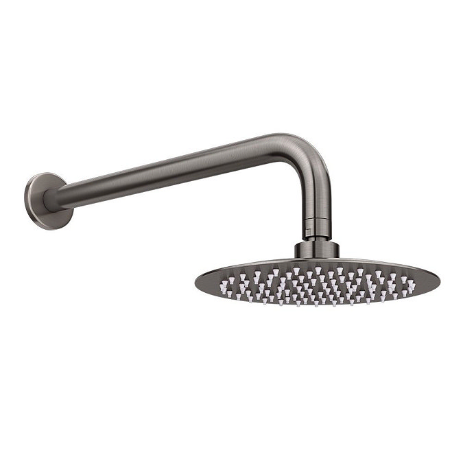 Arezzo Round 200mm Brushed Gunmetal Grey Fixed Shower Head + Wall Mounted Arm Profile Large Image