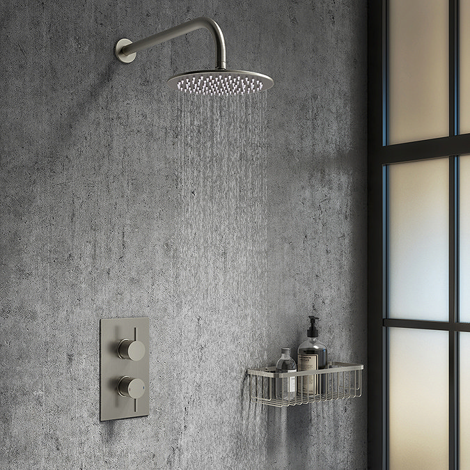 Arezzo Round 200mm Brushed Gunmetal Grey Fixed Shower Head + Wall Mounted Arm  Feature Large Image