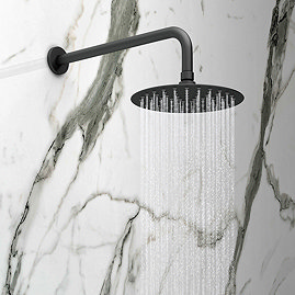 Arezzo Round 200mm Matt Black Fixed Shower Head + Wall Mounted Arm Large Image