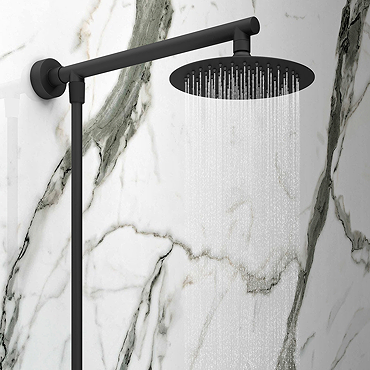 Arezzo Round 200mm Matt Black Slim Rainfall Shower Head with 1.75m Flexible Hose