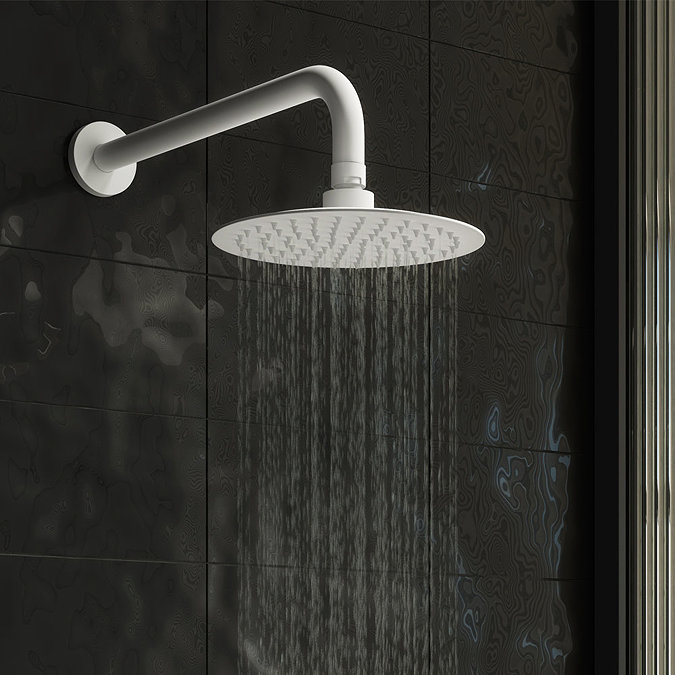 Arezzo Round 200mm Matt White Fixed Shower Head + Wall Mounted Arm  Standard Large Image